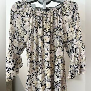 Chaps Navy,White,Purple,Yellow Floral Blouse, Ruffle Sleeve,Women size XL, Flowy